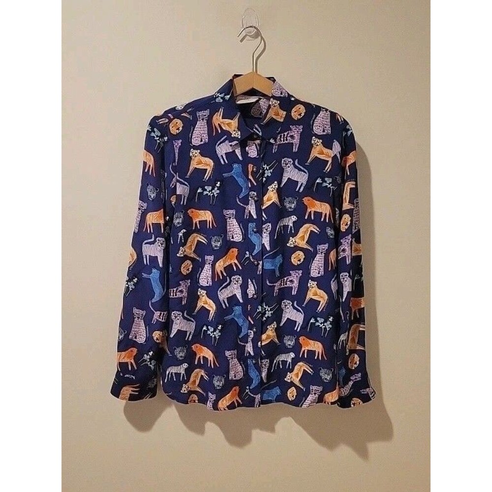 Anthropologie Carolyn Gavin Shirt Blue Mariposa Silk Blouse Cat Lion Leopard 4 - Picture 2 of 8